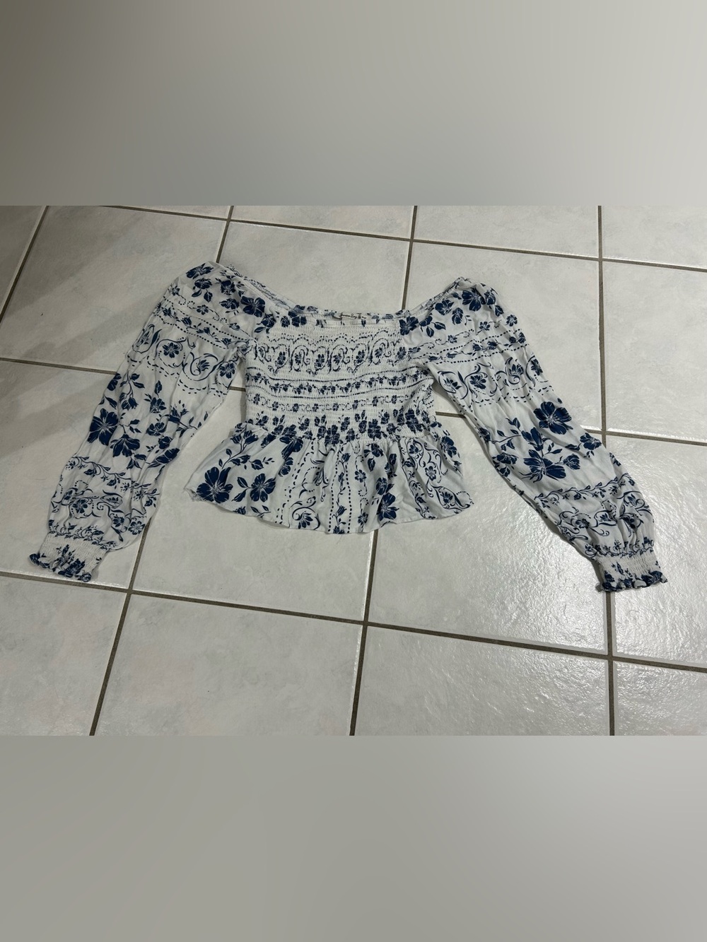 American Rag White Blouse with Navy Floral Print